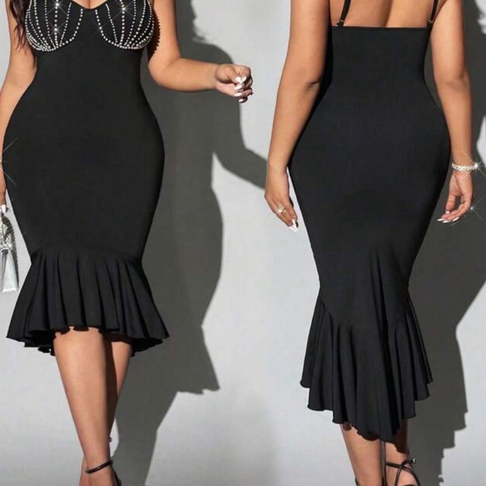SHEIN Black Rhinestone-Trim Mermaid Hem Midi Dress